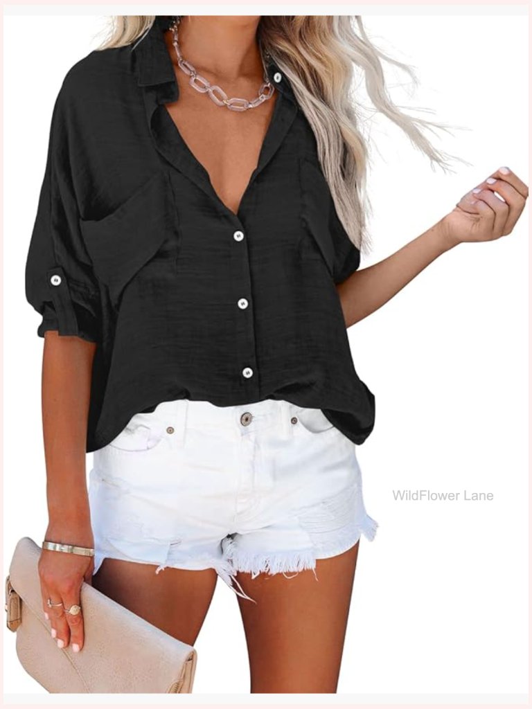 V Neck Button Down Shirt With Pockets Long Sleeve Blouse